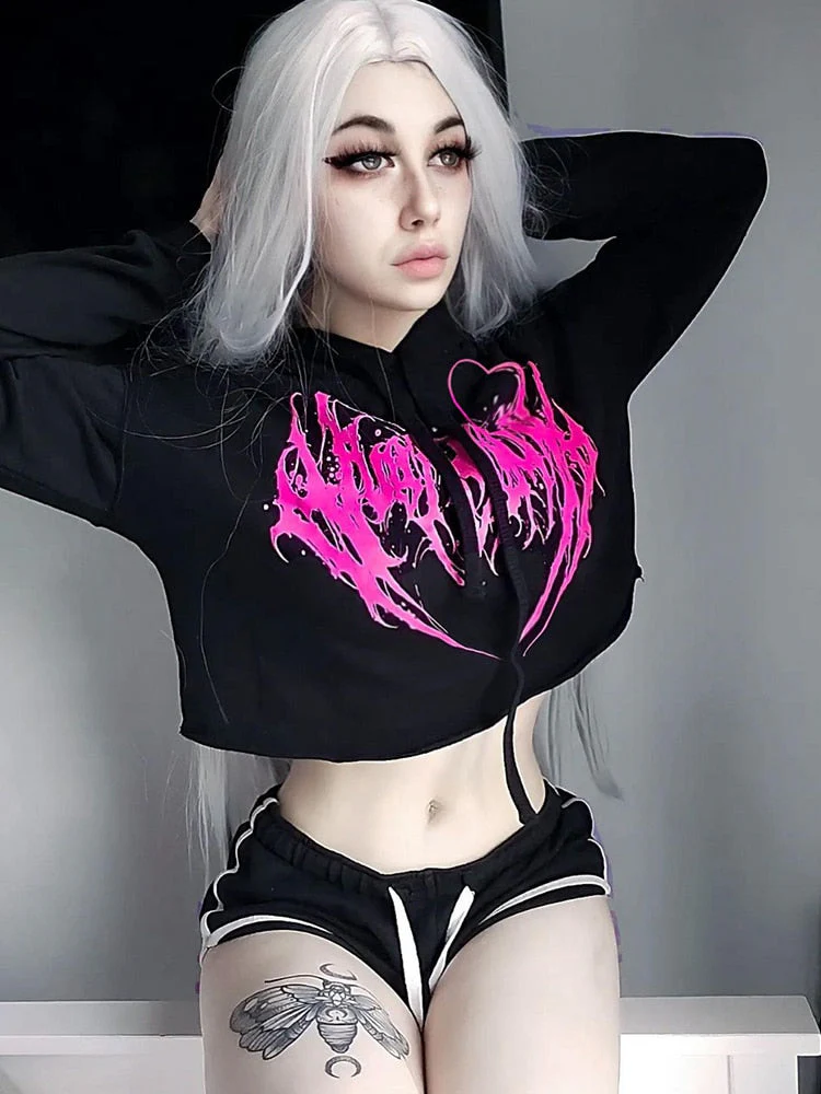 E-Girl Hardcore Print Gothic Crop Hoodie - Image 6