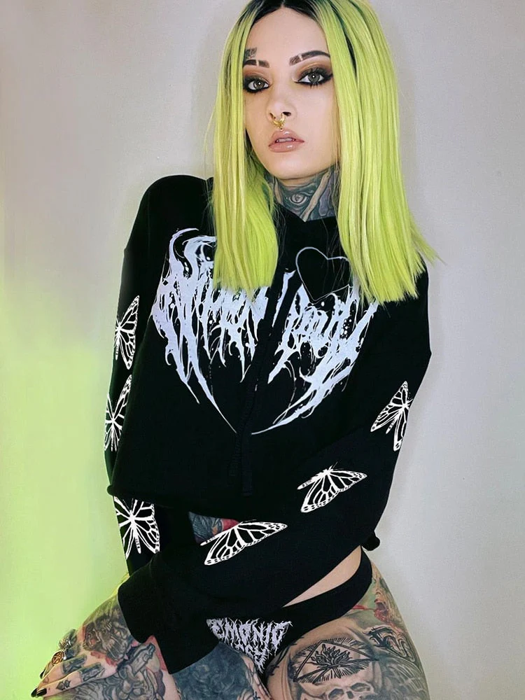 E-Girl Hardcore Print Gothic Crop Hoodie - Image 7