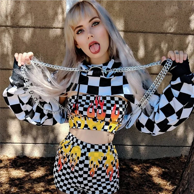 E-Girl Checker Hoodie Chain Crop Top - Image 3