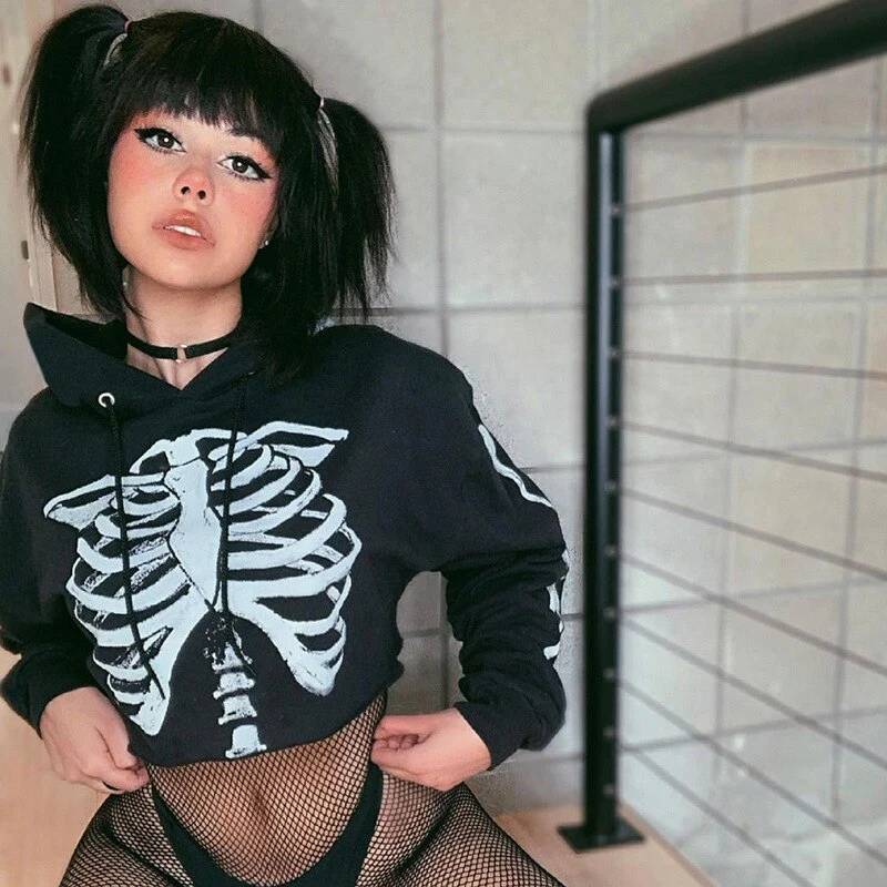 Egirl Goth Dark Grunge Skeleton Cropped Hoodie - Image 3