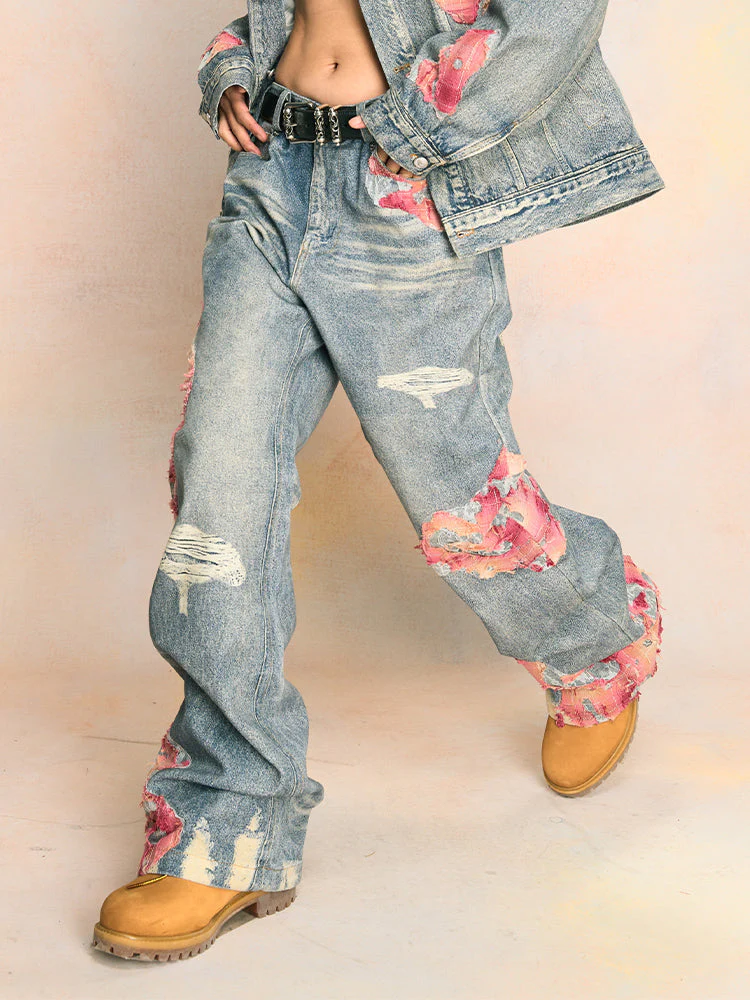 Elegant Evening Lace Embroidered Denim Jeans - Image 5