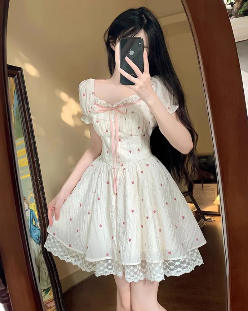 Embroidered Lace Puffy Coquette Floral Dress - Image 2