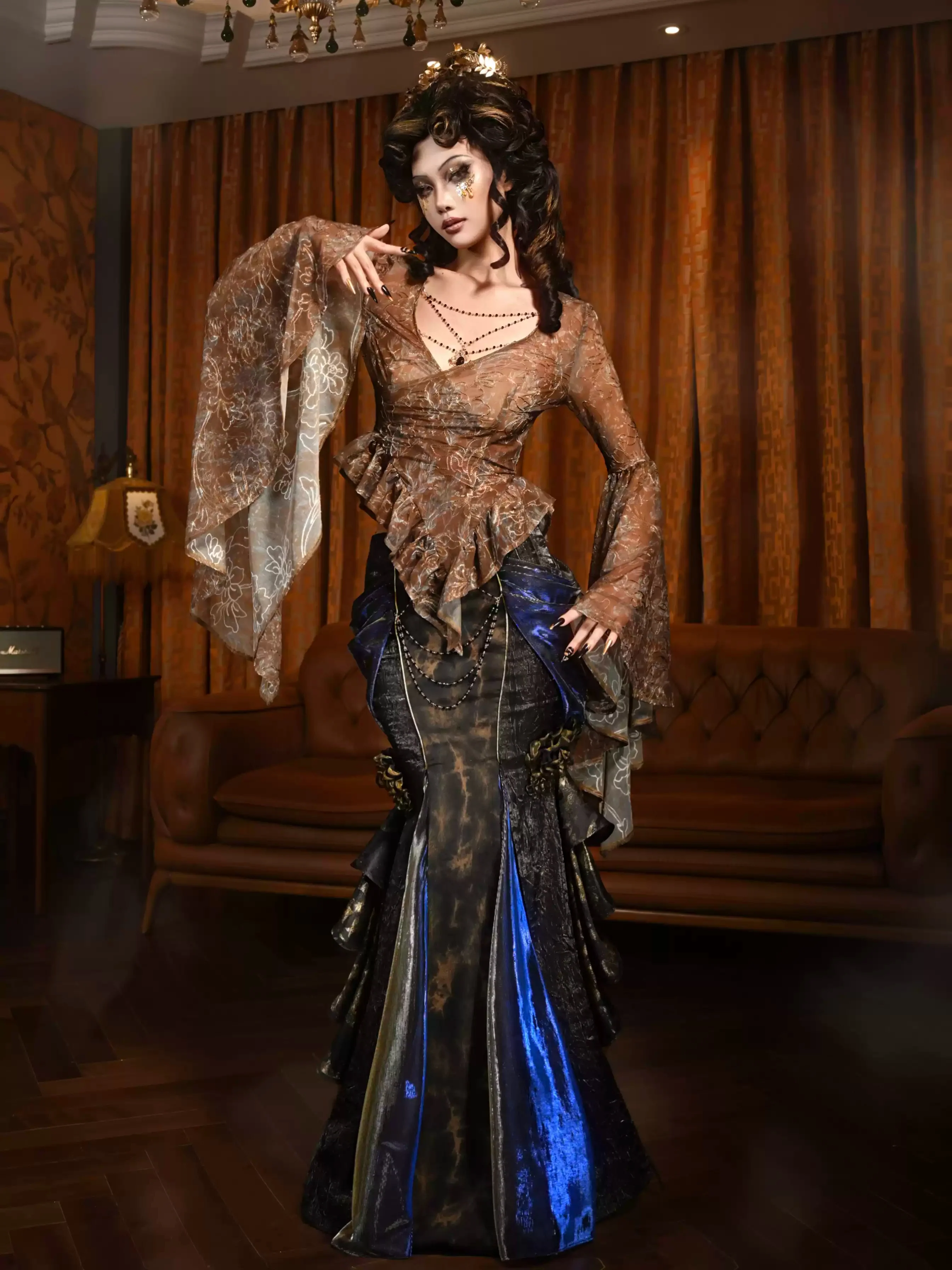 Embroidered V-neck Mesh Ruffled Top - Image 3
