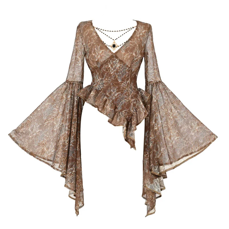 Embroidered V-neck Mesh Ruffled Top - Image 5
