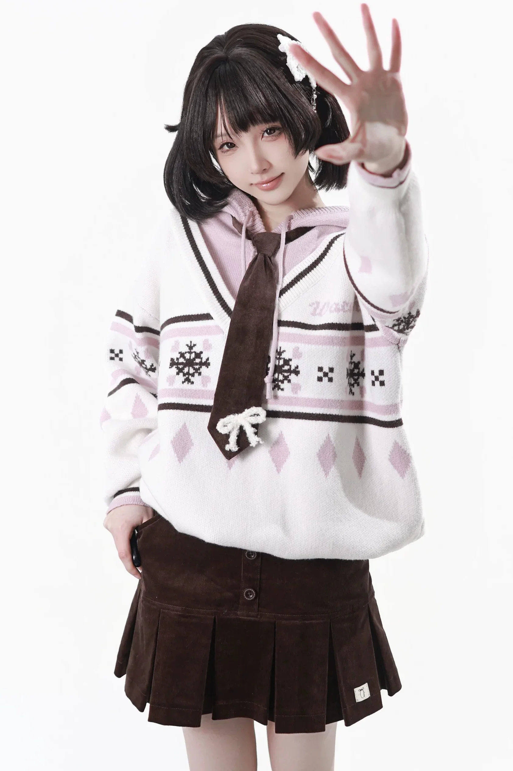 Fair Isle Floral Hooded Top + Skirt + Tie - Image 3