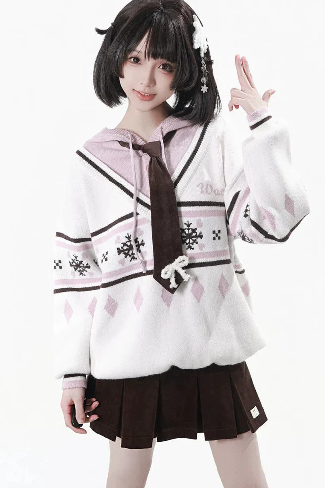 Fair Isle Floral Hooded Top + Skirt + Tie - Image 4