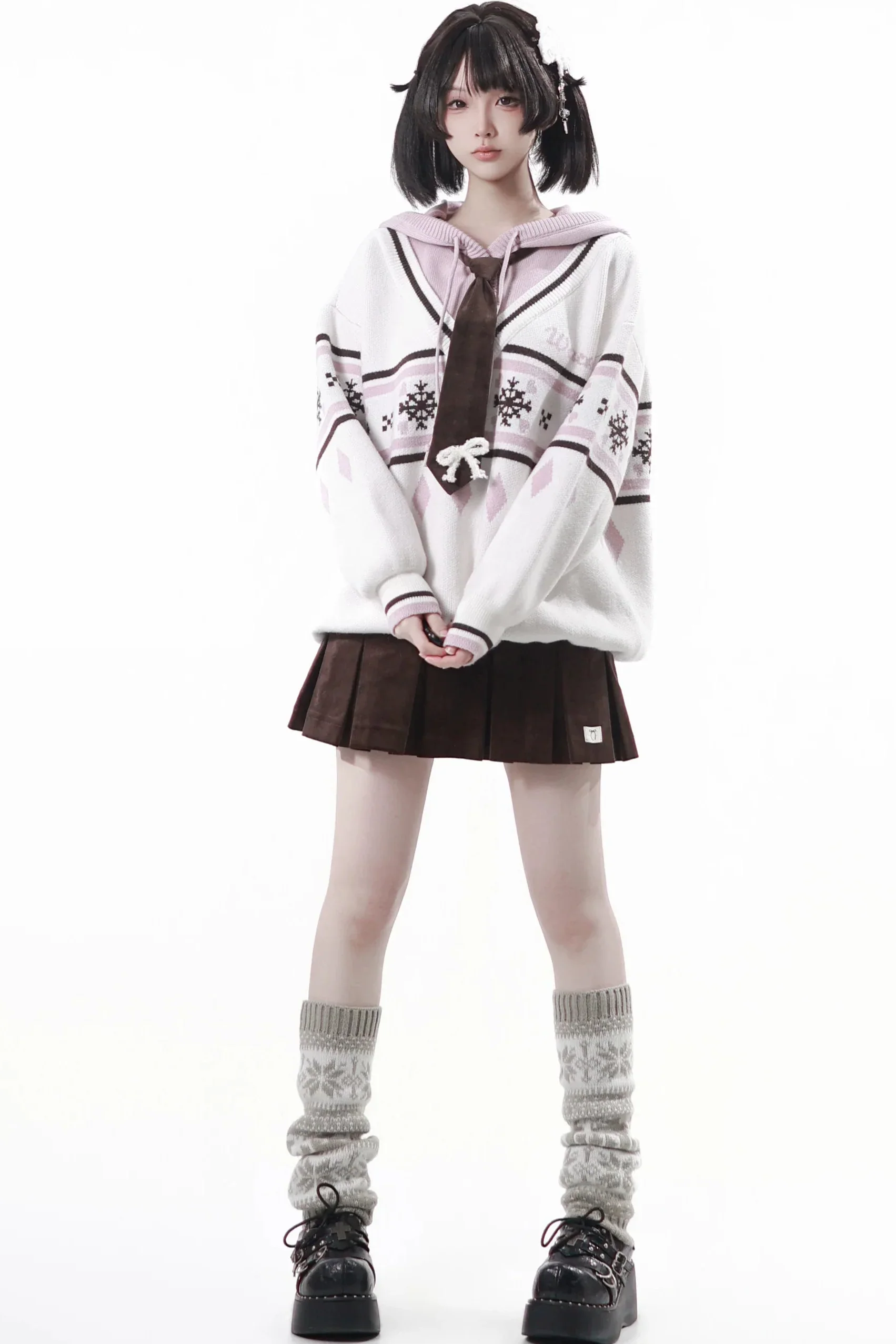 Fair Isle Floral Hooded Top + Skirt + Tie - Image 8