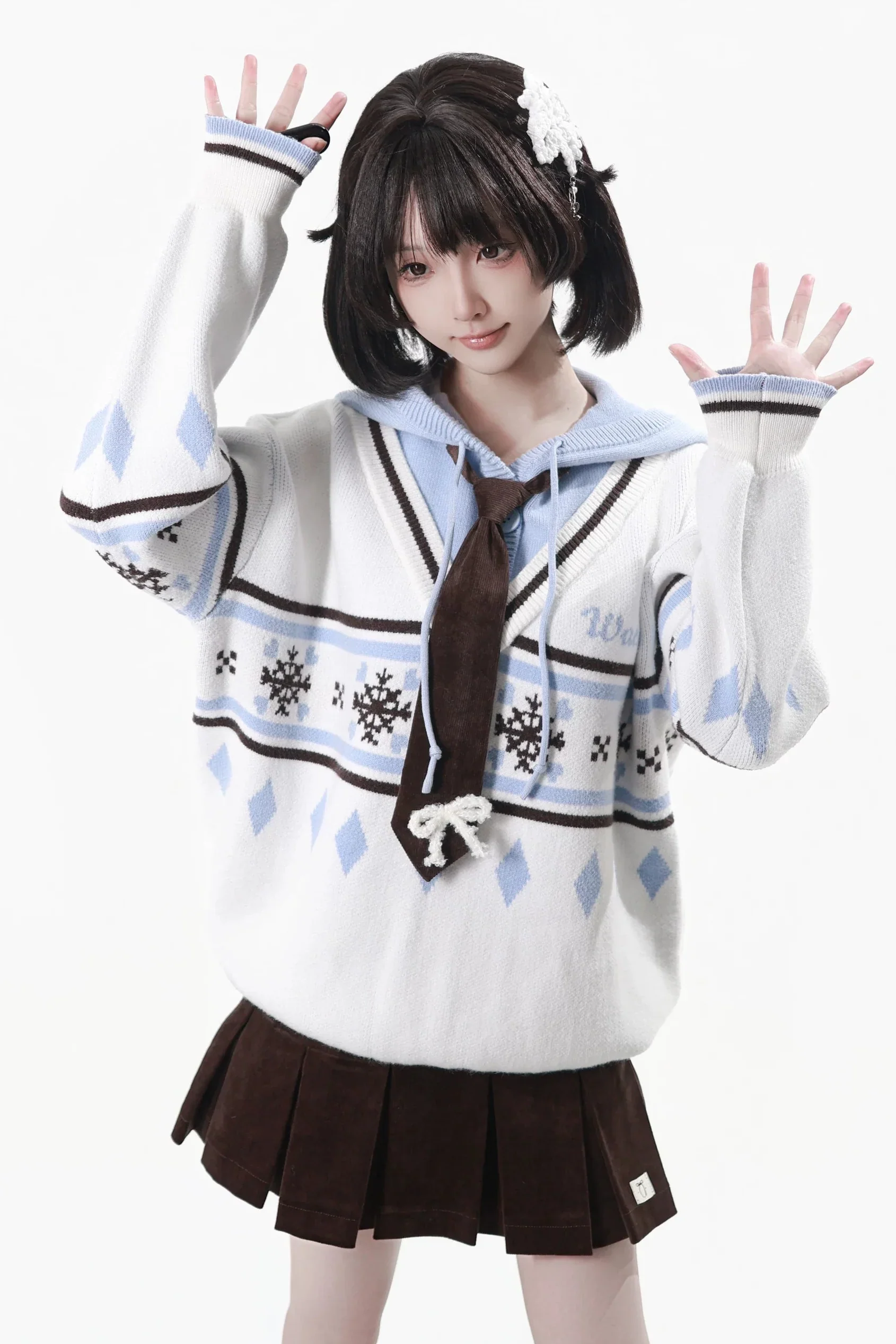 Fair Isle Floral Hooded Top + Skirt + Tie - Image 2