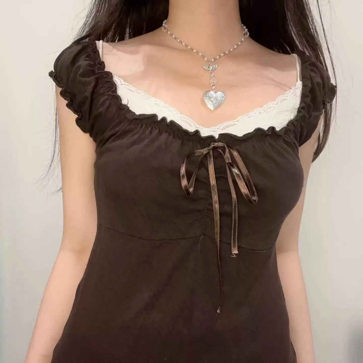 Fairy Grunge Bow-trimmed Fake Two-piece Top - Image 3