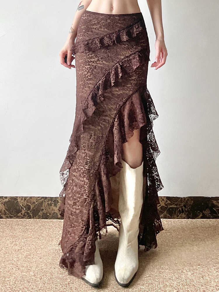 Fairy Grunge Brown Lace Split Skirt - Image 2
