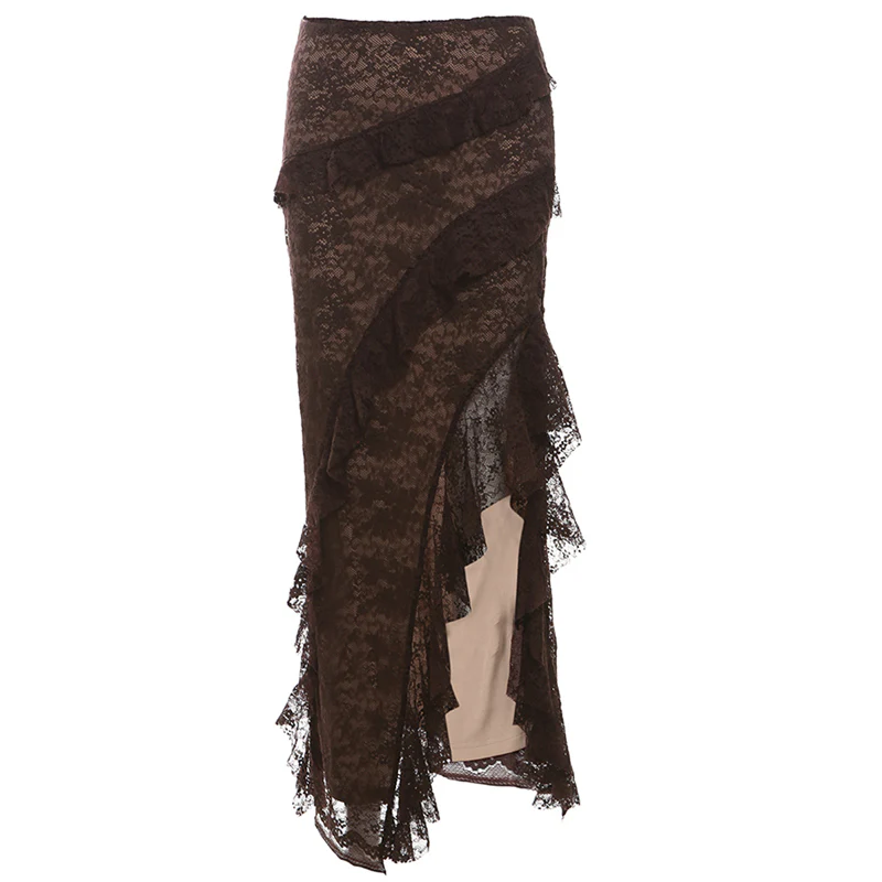 Fairy Grunge Brown Lace Split Skirt - Image 6