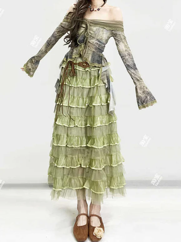 Fairy Grunge Off-shoulder Mesh Long-sleeved Ruffled Top - Image 3