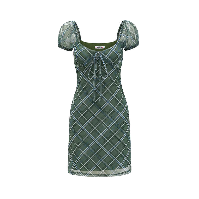Fairy Grunge Puff Sleeve Plaid Dress - Image 5