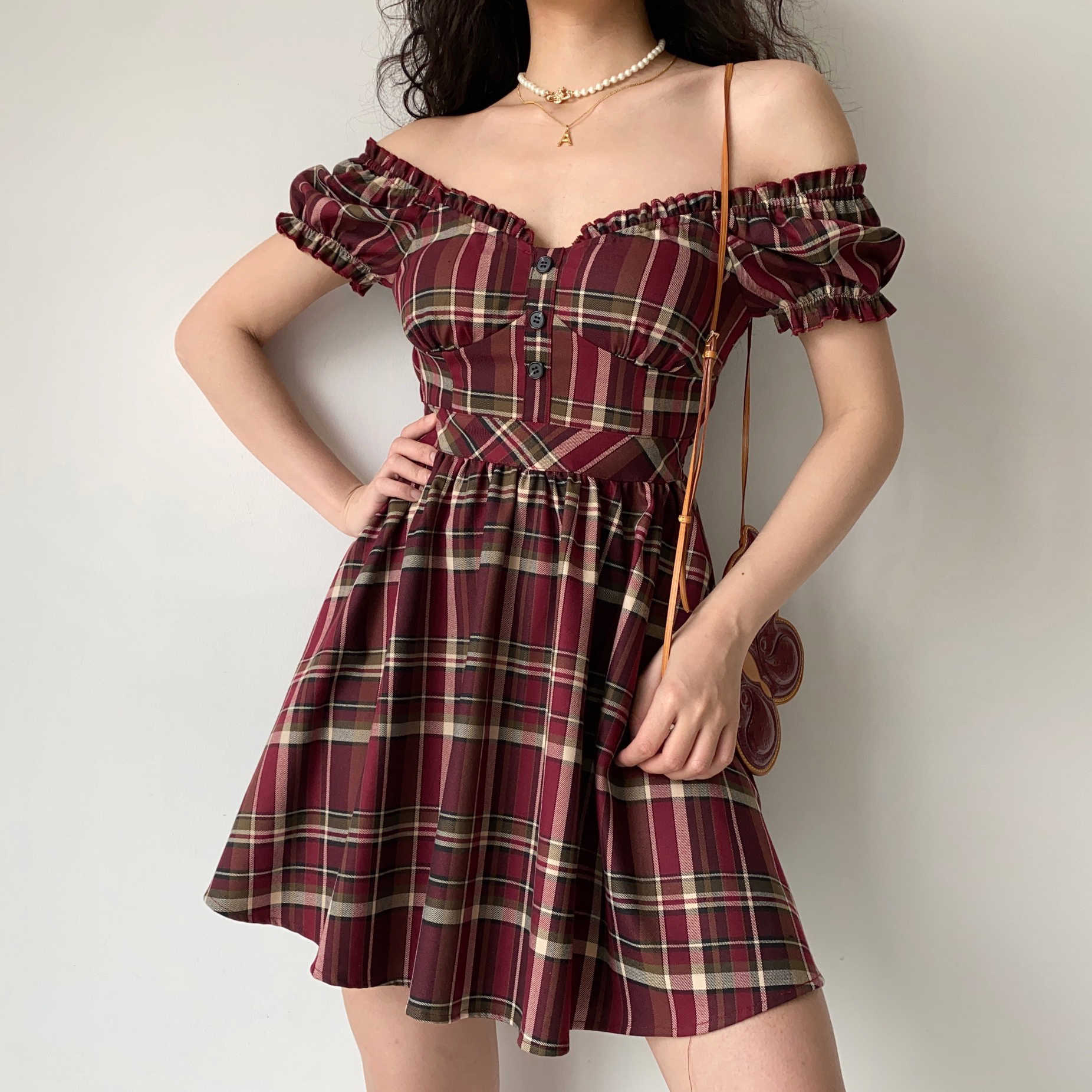 Fairy Grunge Puff Sleeve Red Plaid Dress - Image 2
