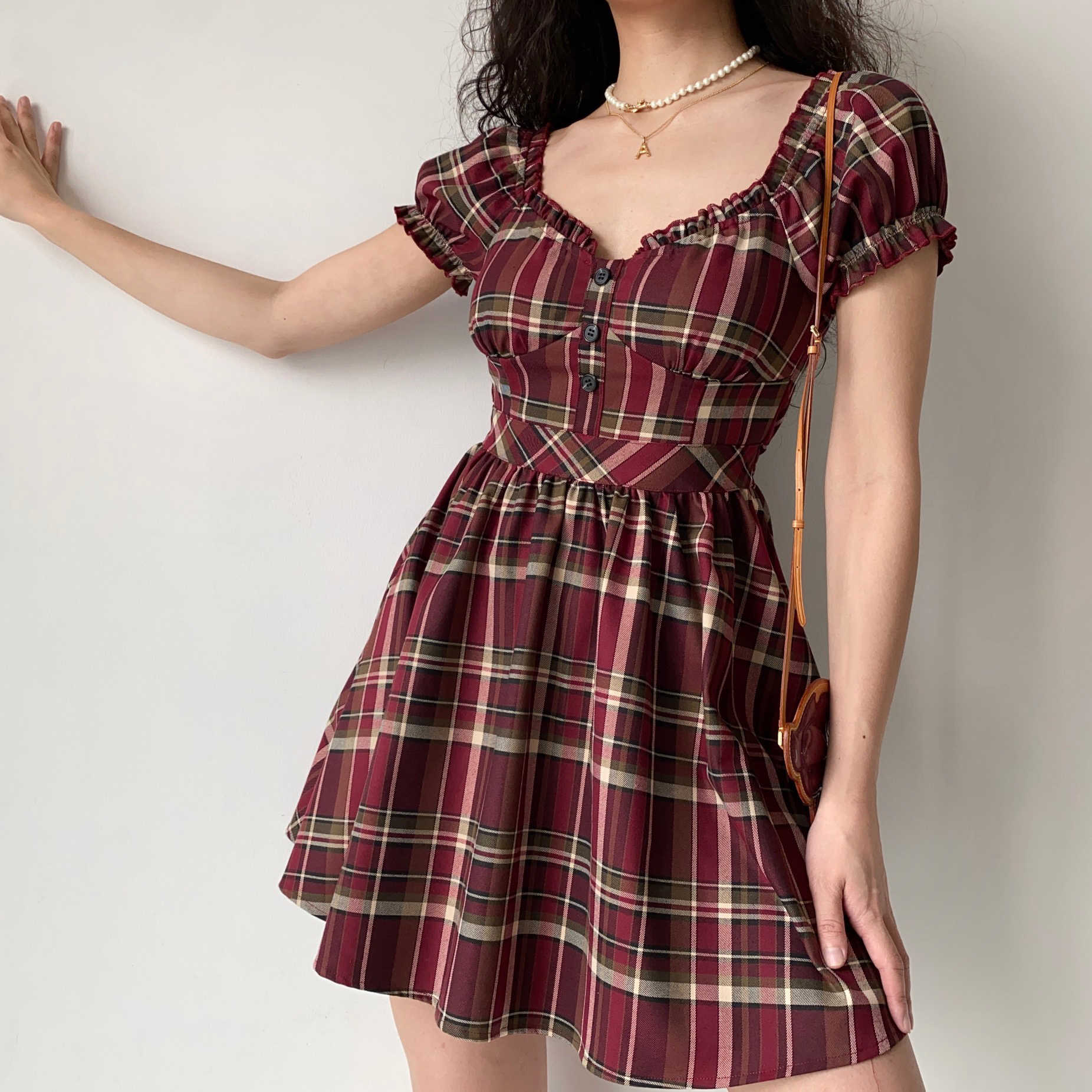 Fairy Grunge Puff Sleeve Red Plaid Dress - Image 3