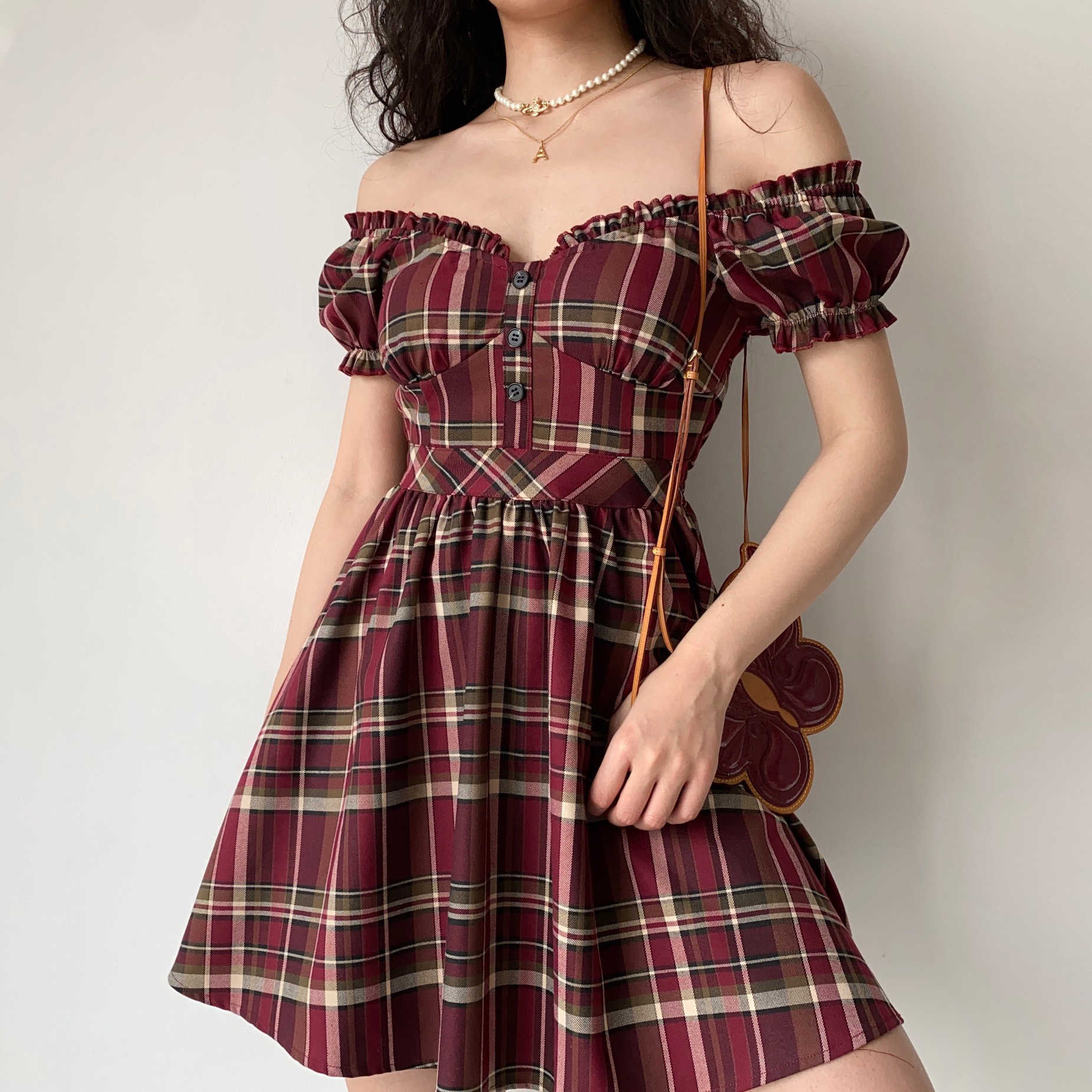 Fairy Grunge Puff Sleeve Red Plaid Dress - Image 4