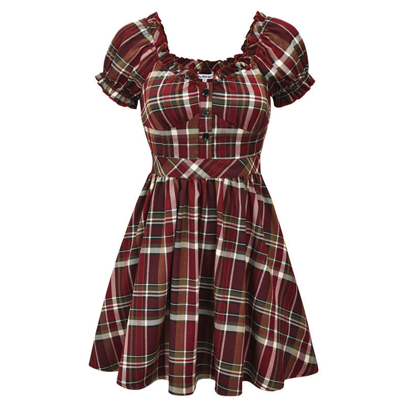 Fairy Grunge Puff Sleeve Red Plaid Dress - Image 5