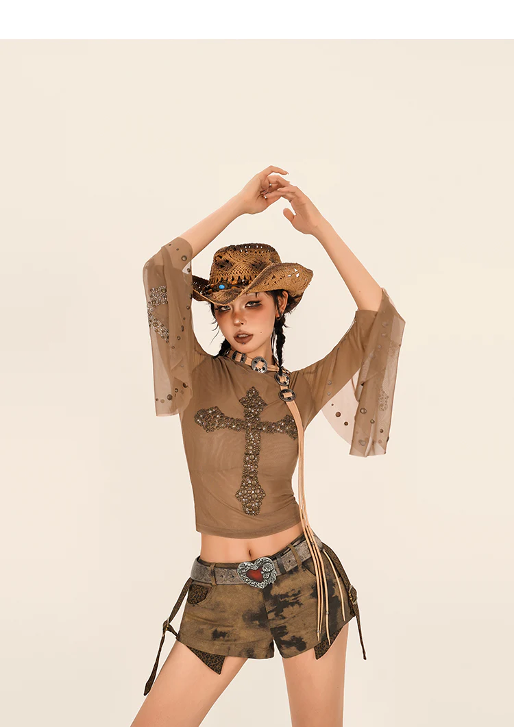 Fairy Grunge Rhinestones Sheer Long Sleeve Top - Image 2
