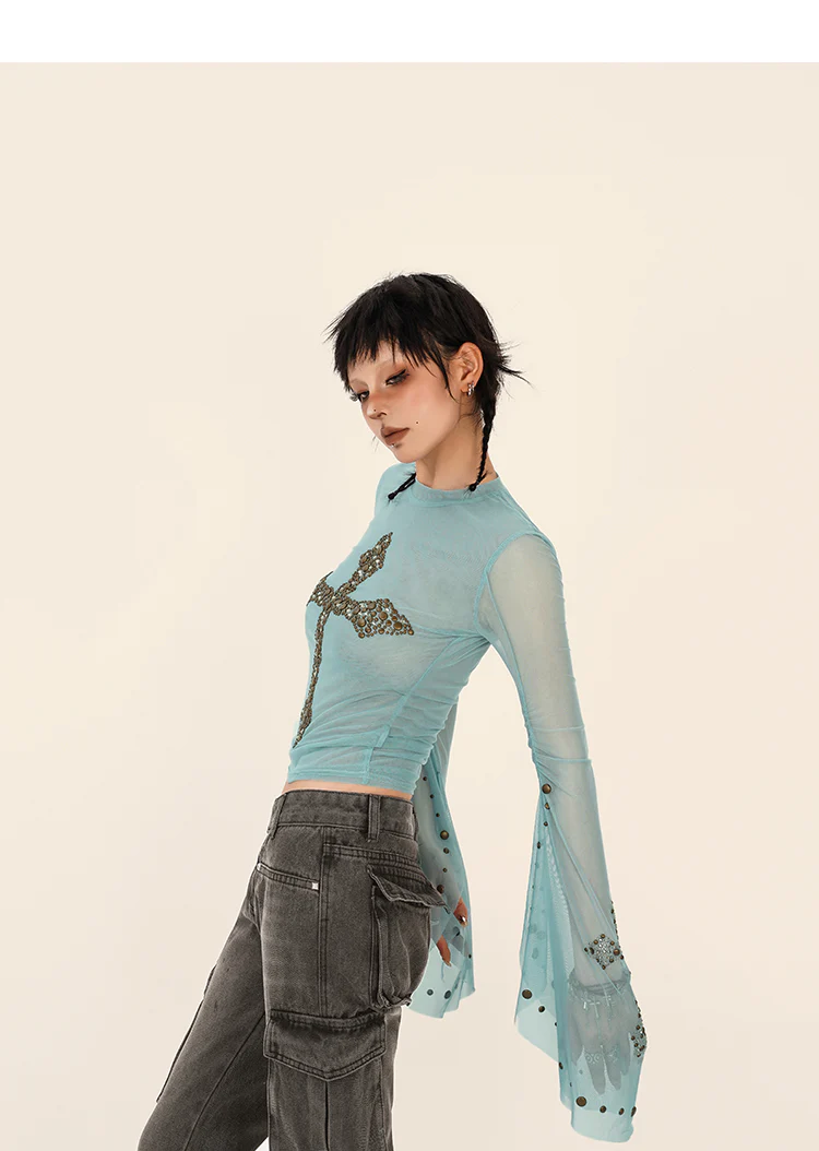 Fairy Grunge Rhinestones Sheer Long Sleeve Top - Image 4