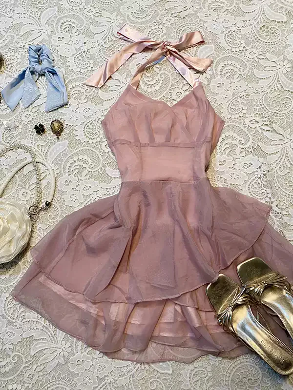 Fairy Pink Sleeveless Halter Dress - Image 2