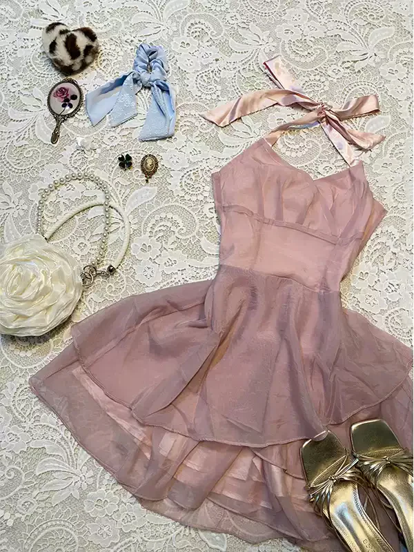 Fairy Pink Sleeveless Halter Dress - Image 3