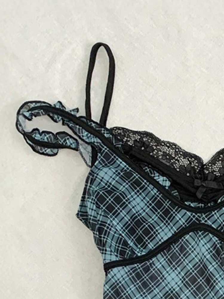 Fake Two-piece Plaid Lace Top - Image 2