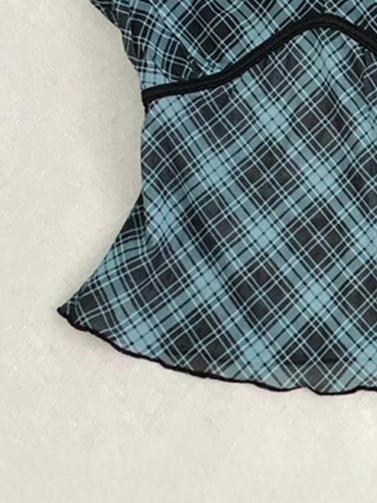 Fake Two-piece Plaid Lace Top - Image 3