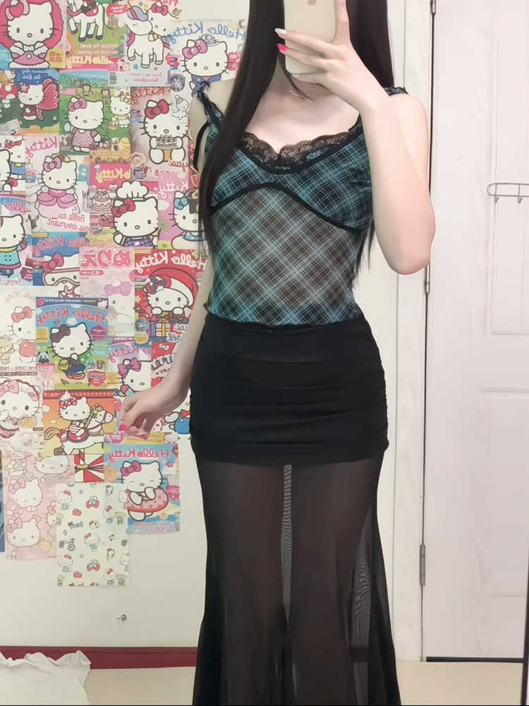 Fake Two-piece Plaid Lace Top - Image 5