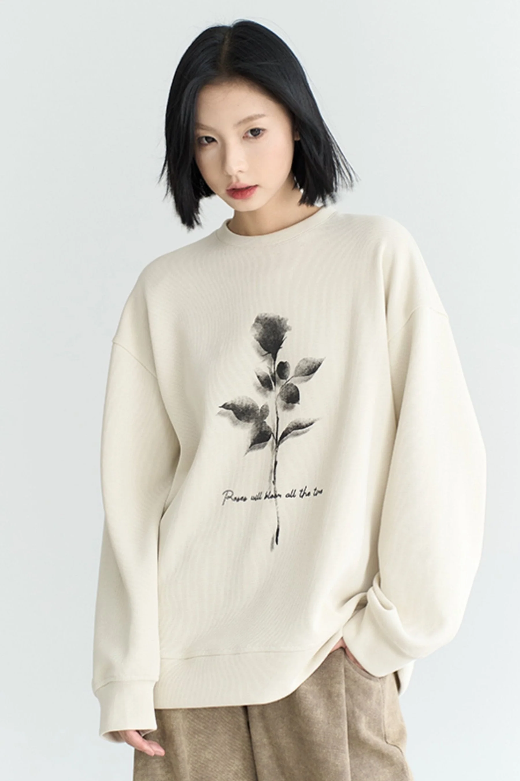 Fall Rose Print Crew Neck Sweatshirt - Image 6