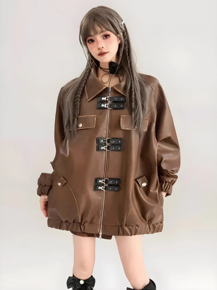 Faux Oversized Brown Leather Jacket - Image 3