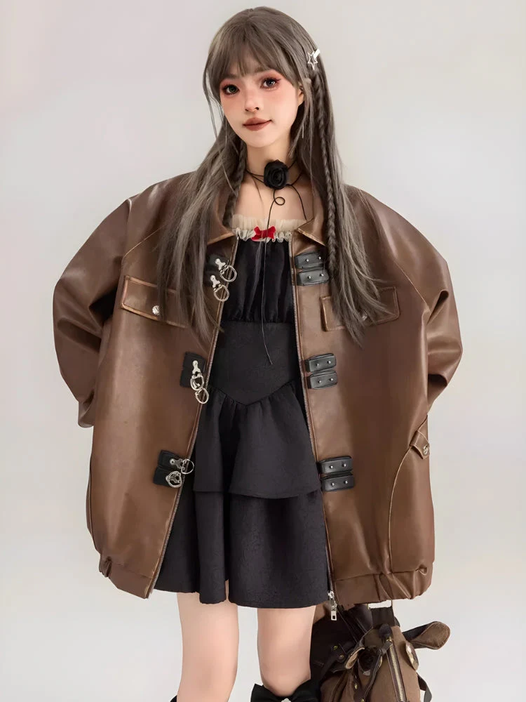 Faux Oversized Brown Leather Jacket - Image 4