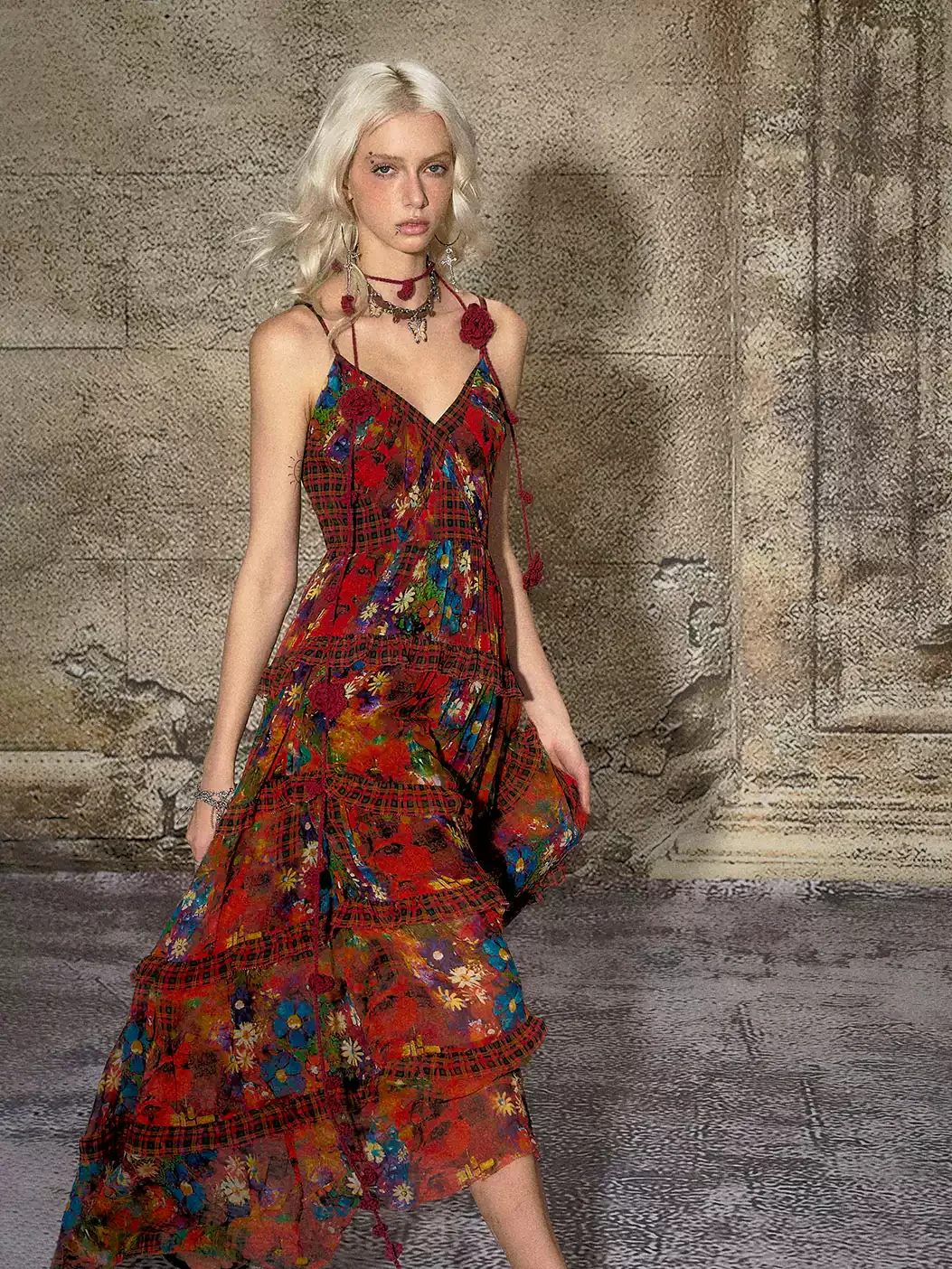 Fireworks Burning Retro Strap Floral Dress - Image 3