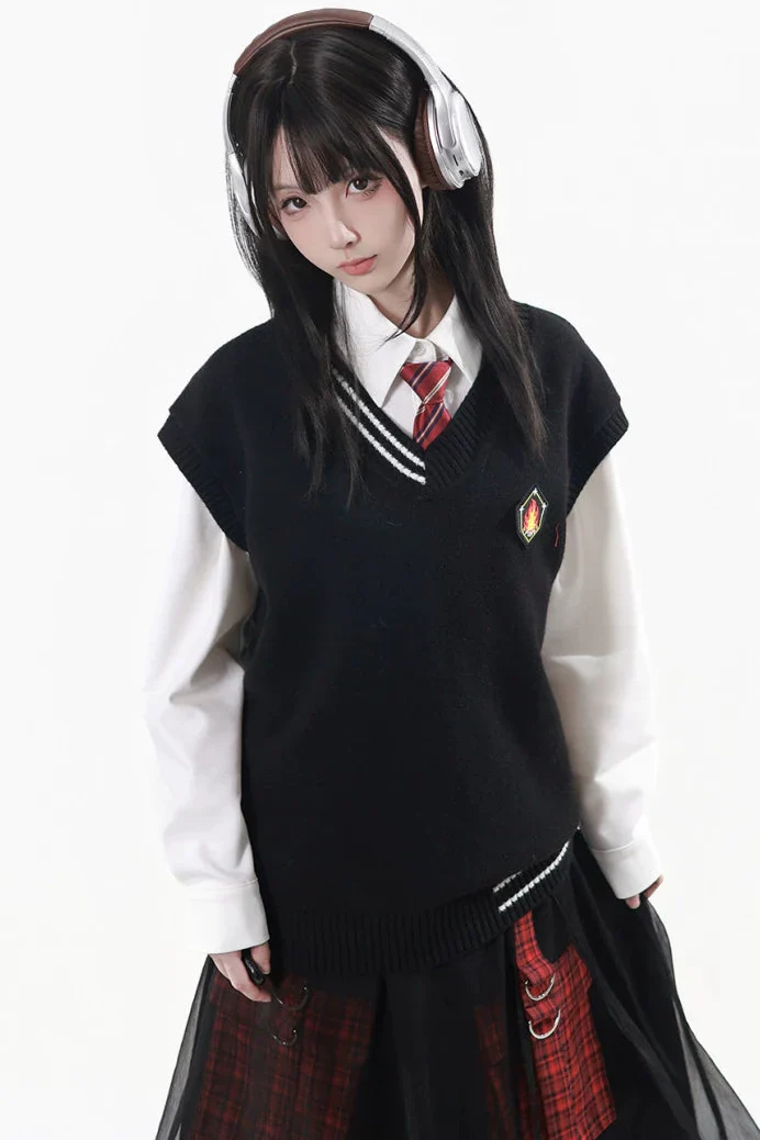 College Knit Vest + Shirt + Long Skirt + Pants + Tie - Image 6