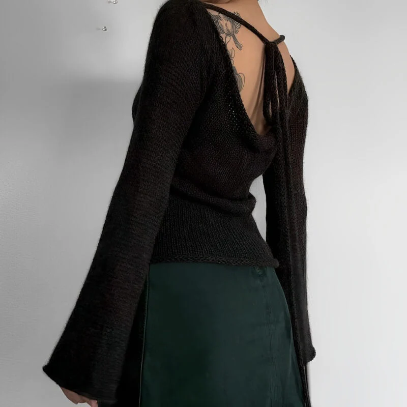 Flare Sleeved Knit Backless Top - Image 4