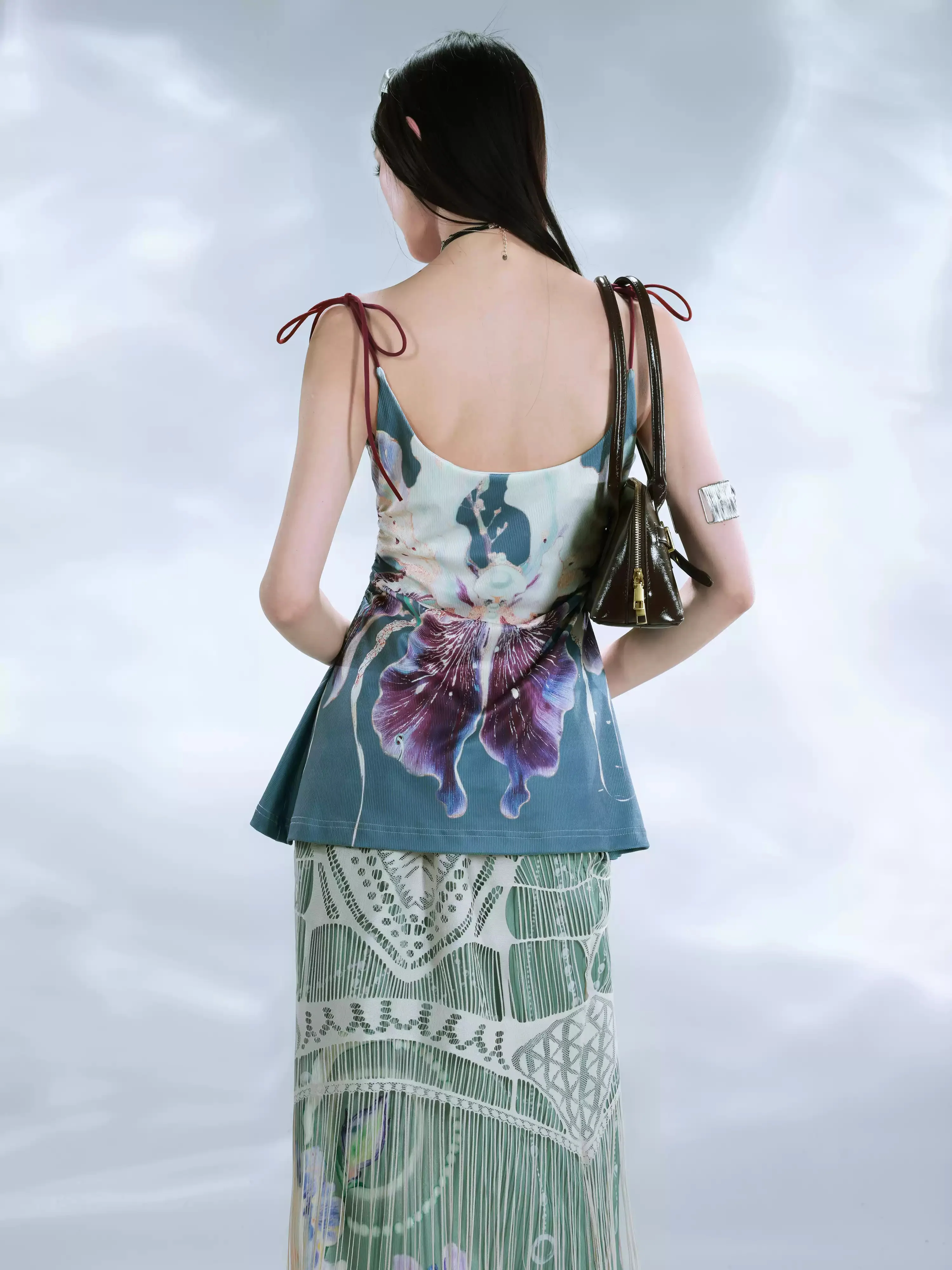 Floral Printed Knitted Vest Beaded Camisole Top - Image 2