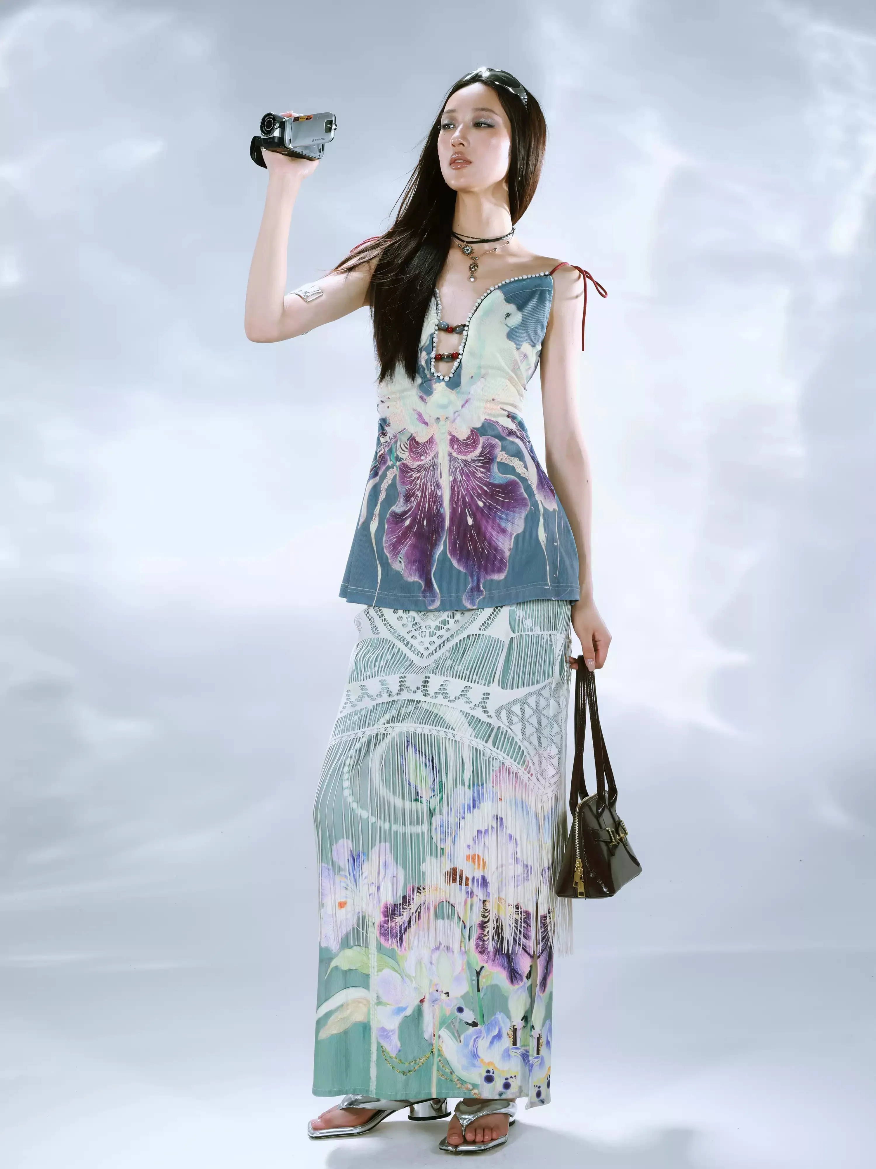 Floral Printed Knitted Vest Beaded Camisole Top - Image 3