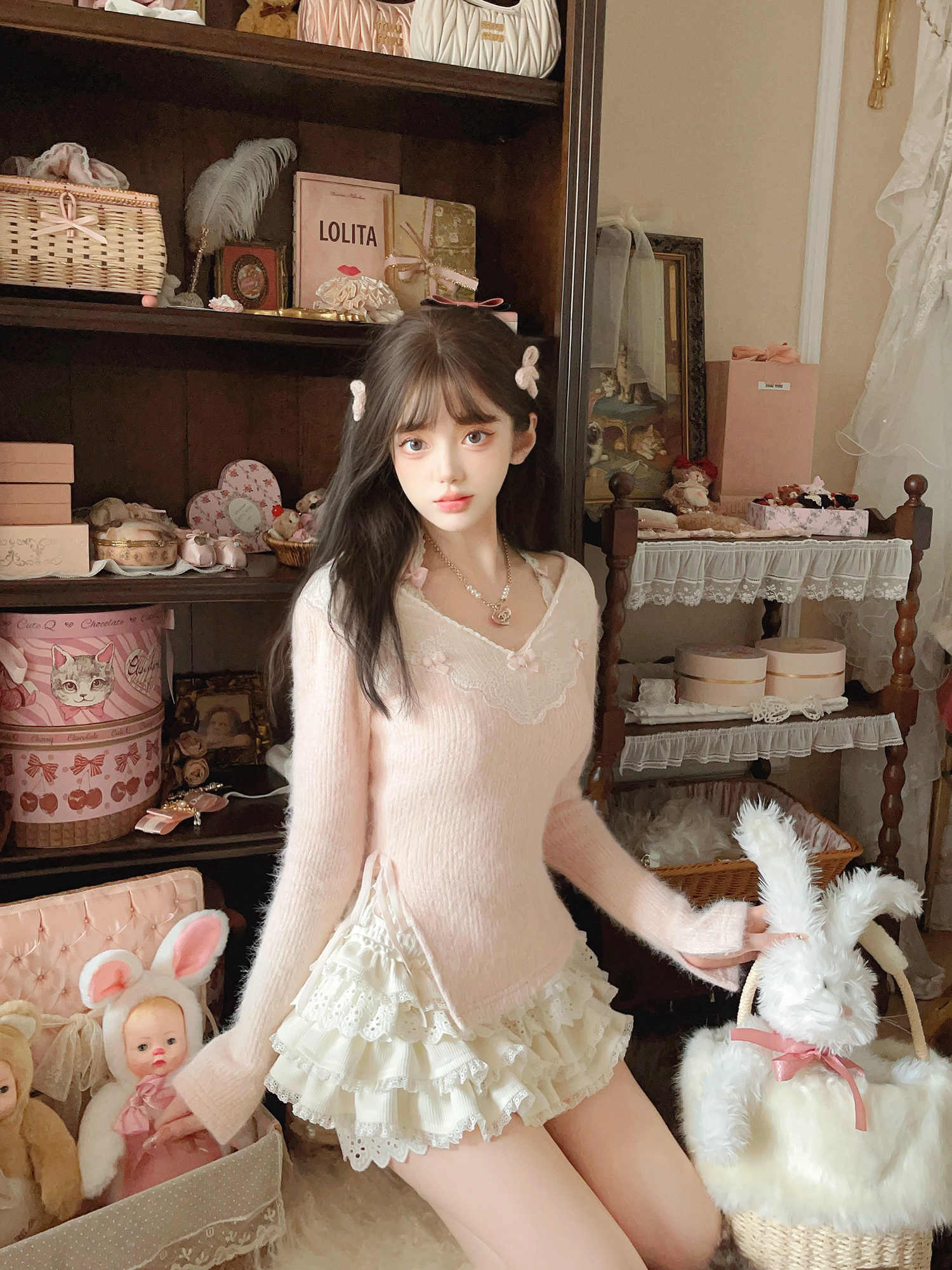 Fluffy Knitted Lace Slit Sweater - Image 3