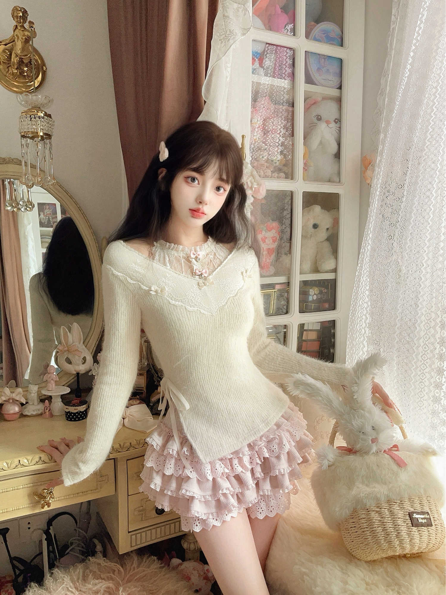 Fluffy Knitted Lace Slit Sweater - Image 4