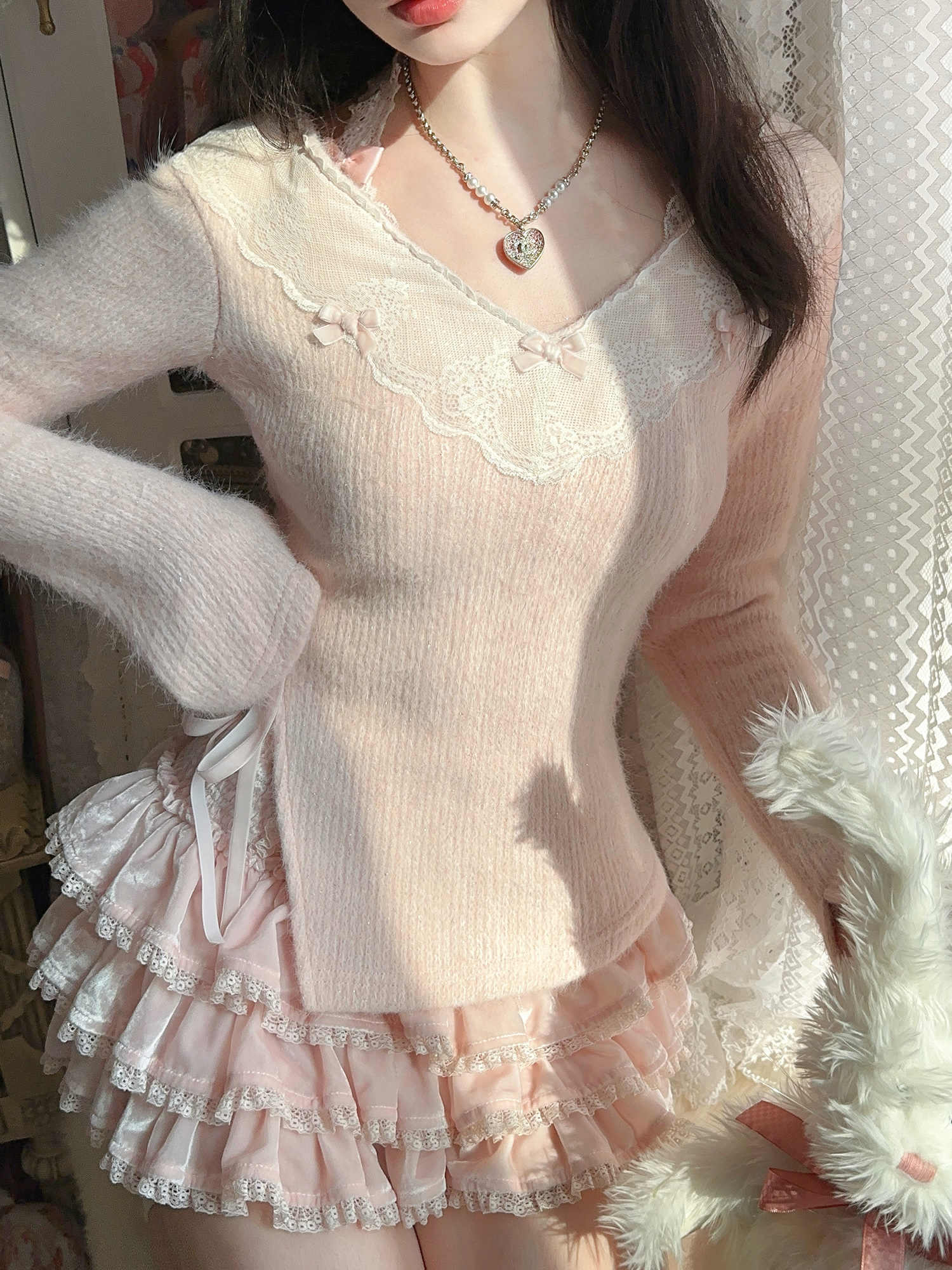 Fluffy Knitted Lace Slit Sweater - Image 5