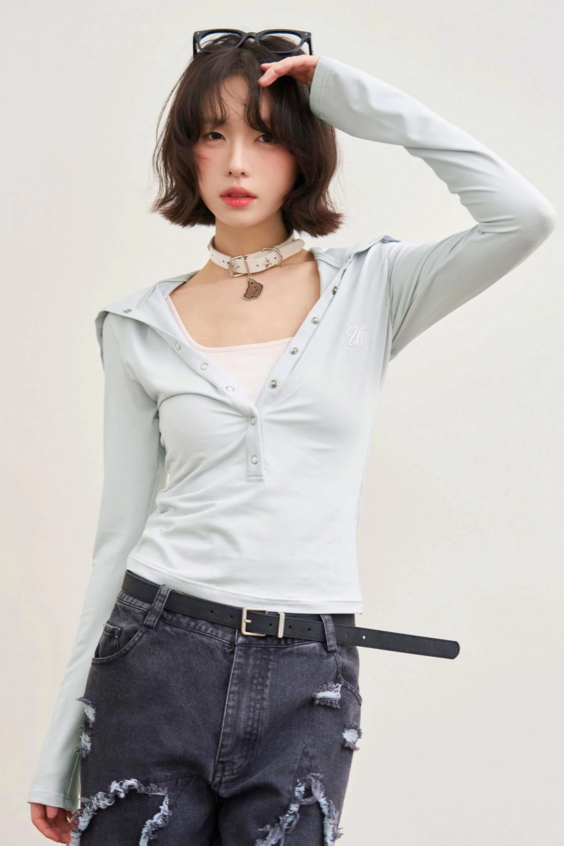 Folded Collar Cut-Out Neck Top - Image 3