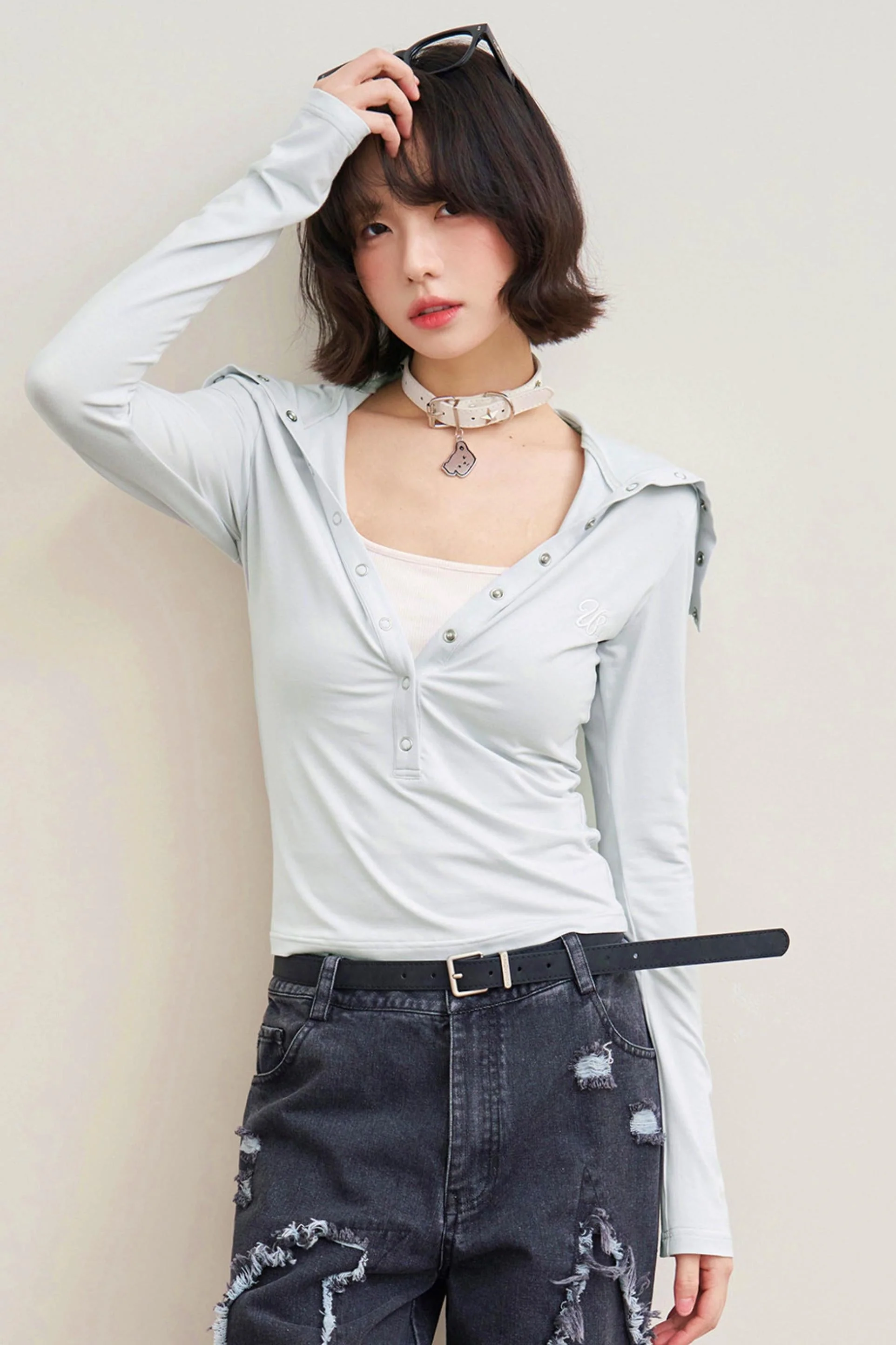 Folded Collar Cut-Out Neck Top - Image 4