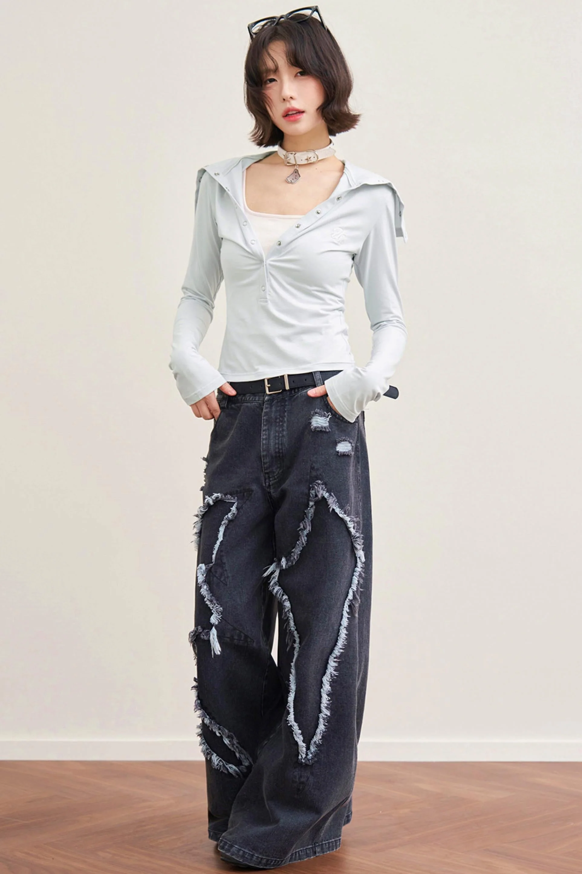 Folded Collar Cut-Out Neck Top - Image 5