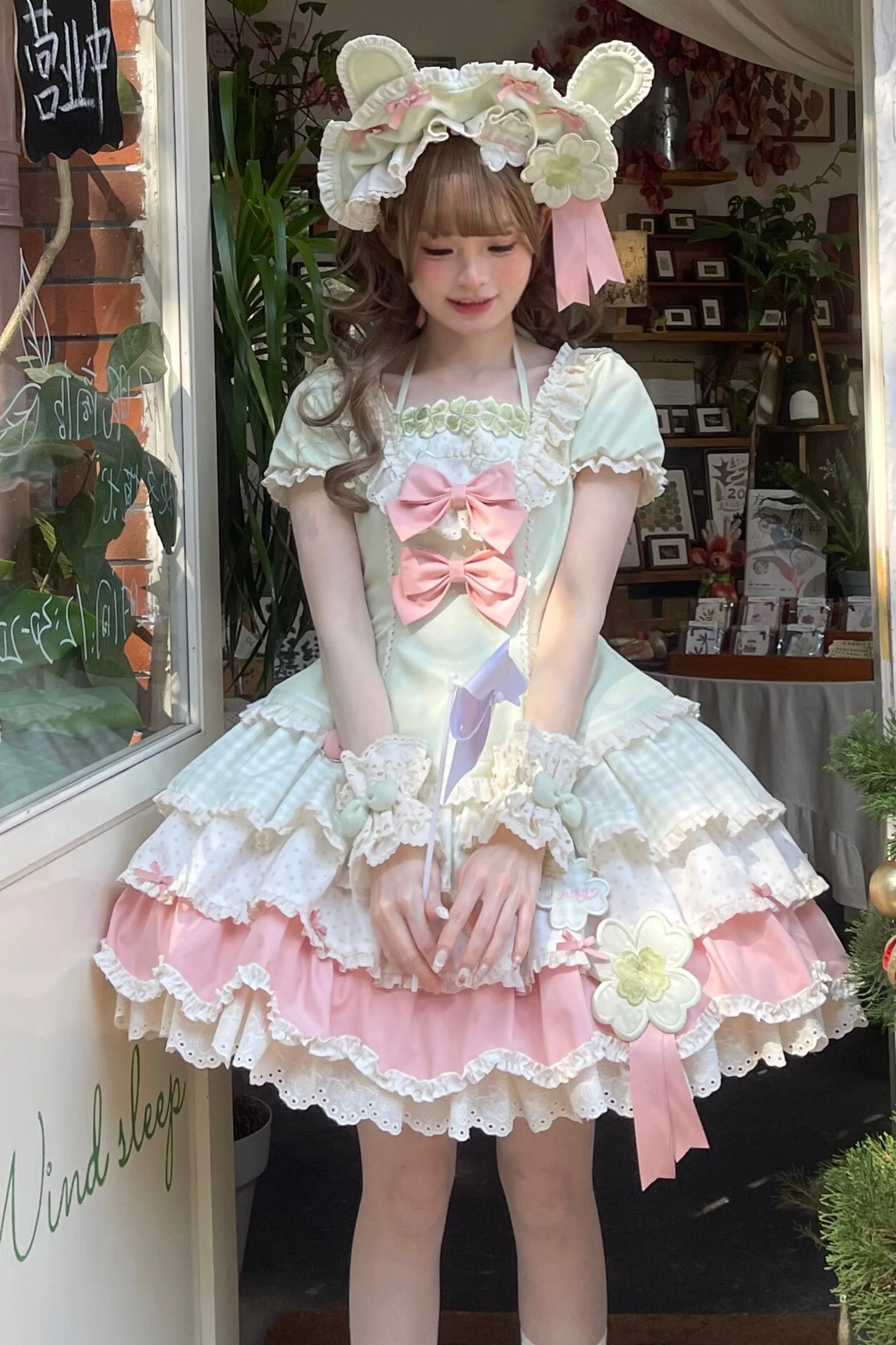 Four-Leaf Clover Lolita Dress + Sleeves + Bonnet - Image 8