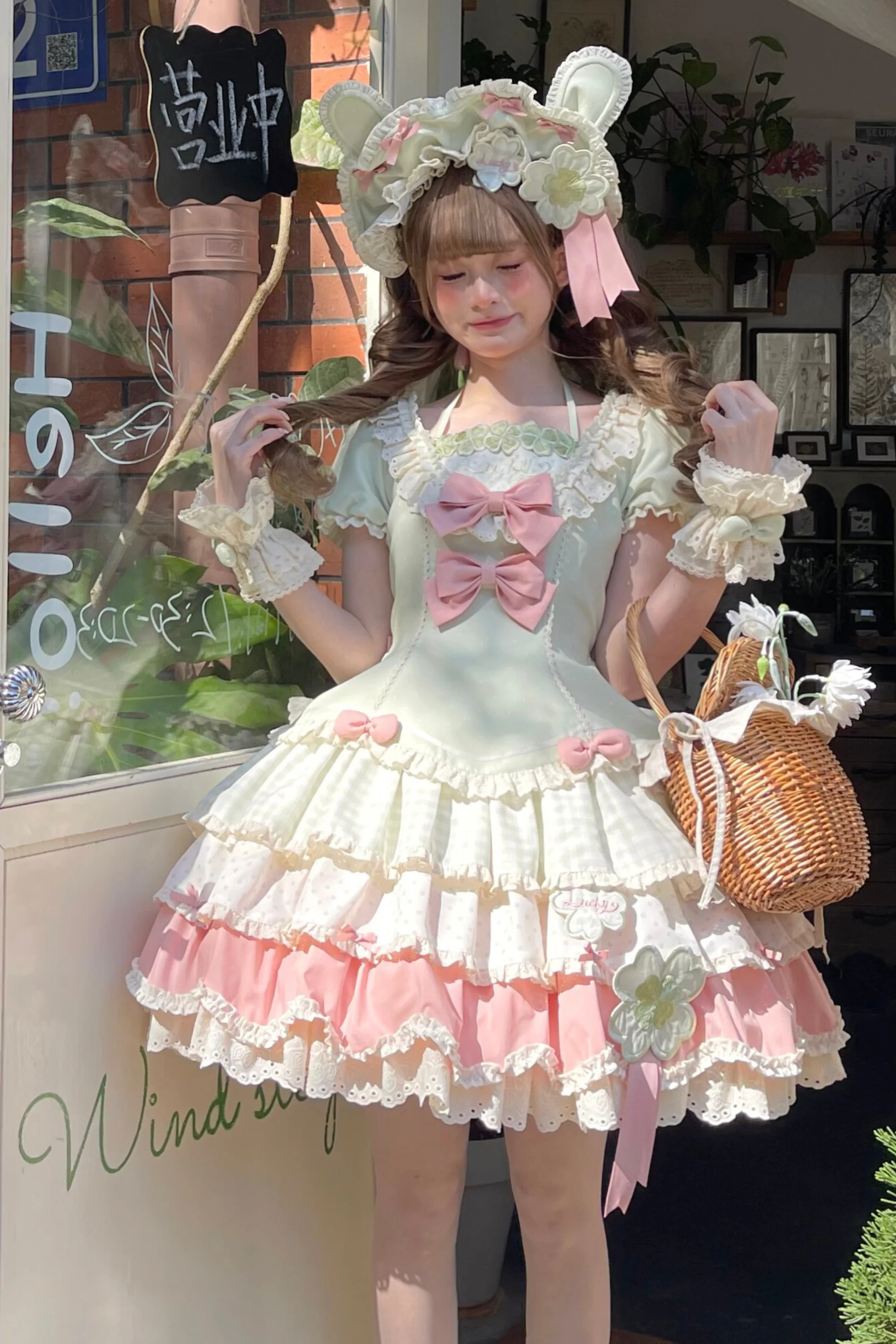 Four-Leaf Clover Lolita Dress + Sleeves + Bonnet - Image 9