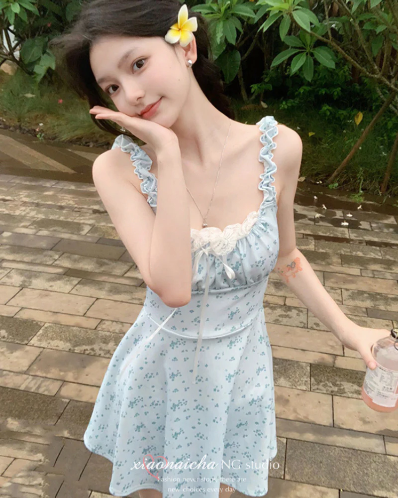 French Blue Floral Slimming Suspender Coquette Floral Dress - Image 2