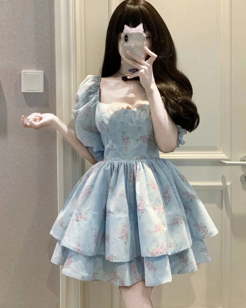 French Blue Puff Sleeve Coquette Floral Dress - Image 3