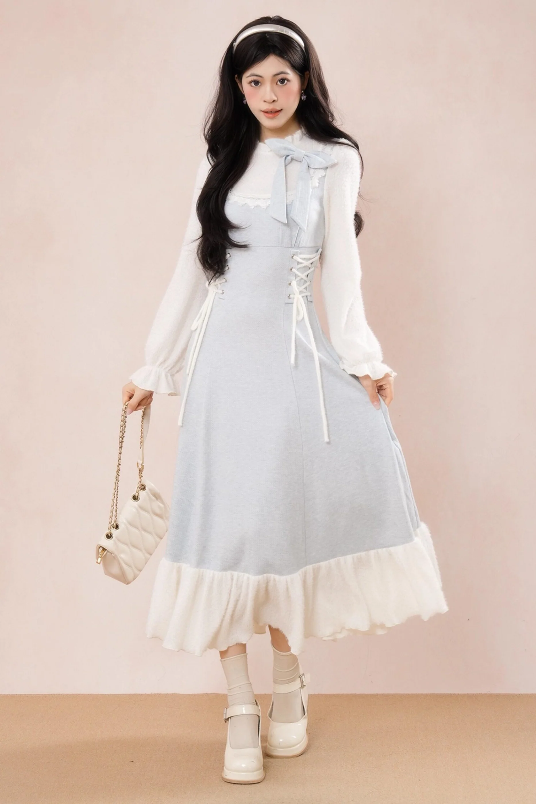 French Blue Ribbon Ruffle Dress