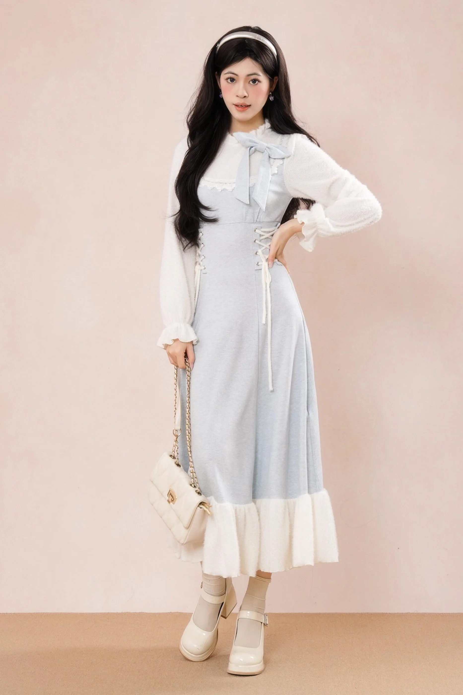 French Blue Ribbon Ruffle Dress - Image 2