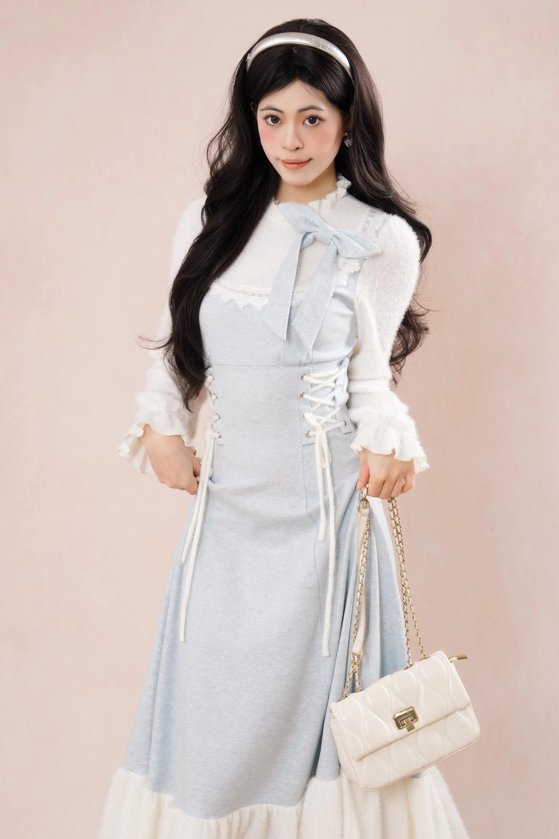 French Blue Ribbon Ruffle Dress - Image 8