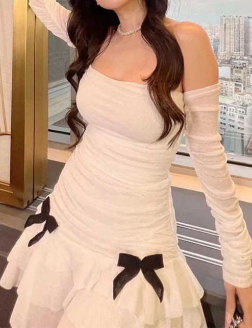 French Bow Off-shoulder Dark Coquette Dress - Image 2